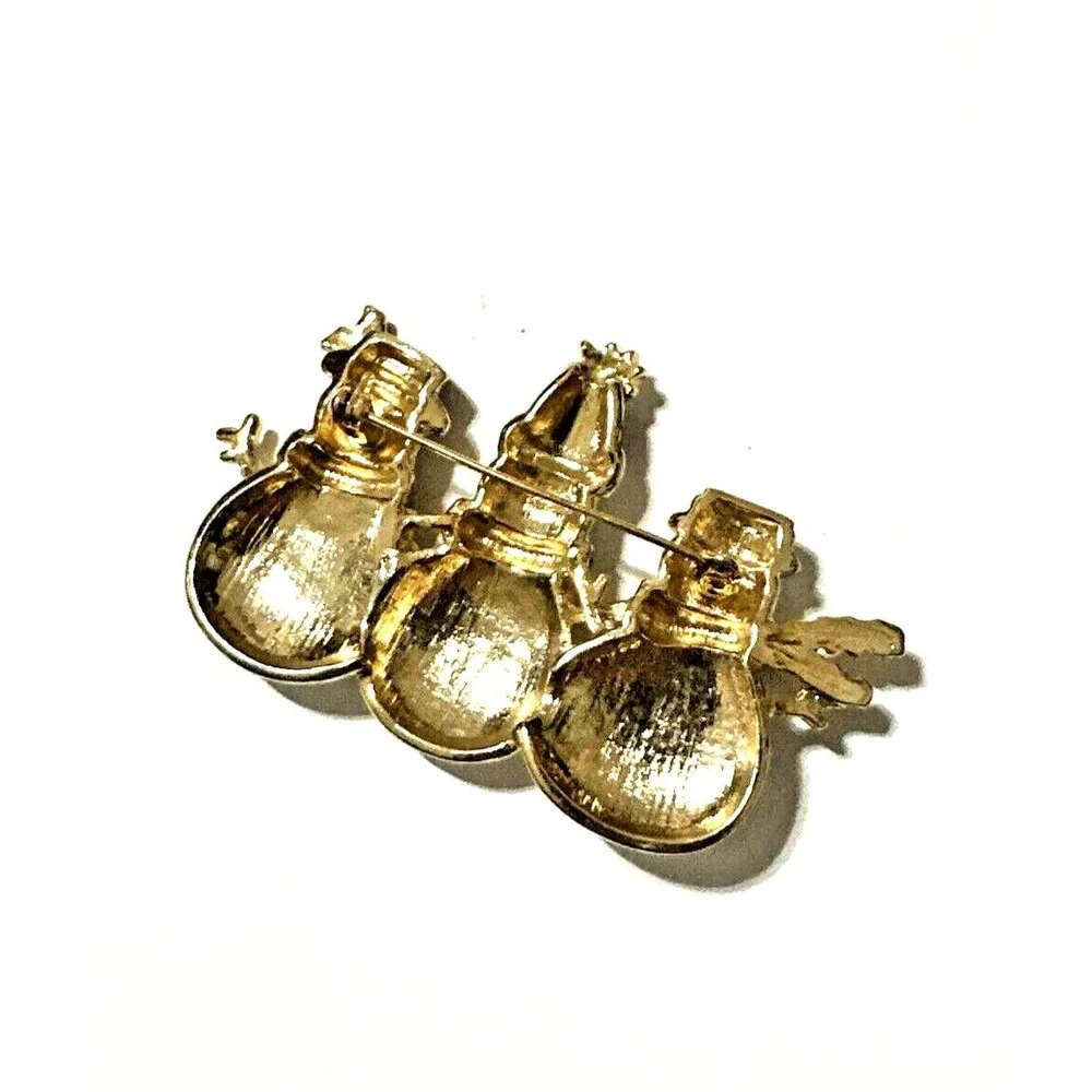 Vintage Snowmen Christmas Brooch White Green Red Enamel Trio Holiday Pin 2.5